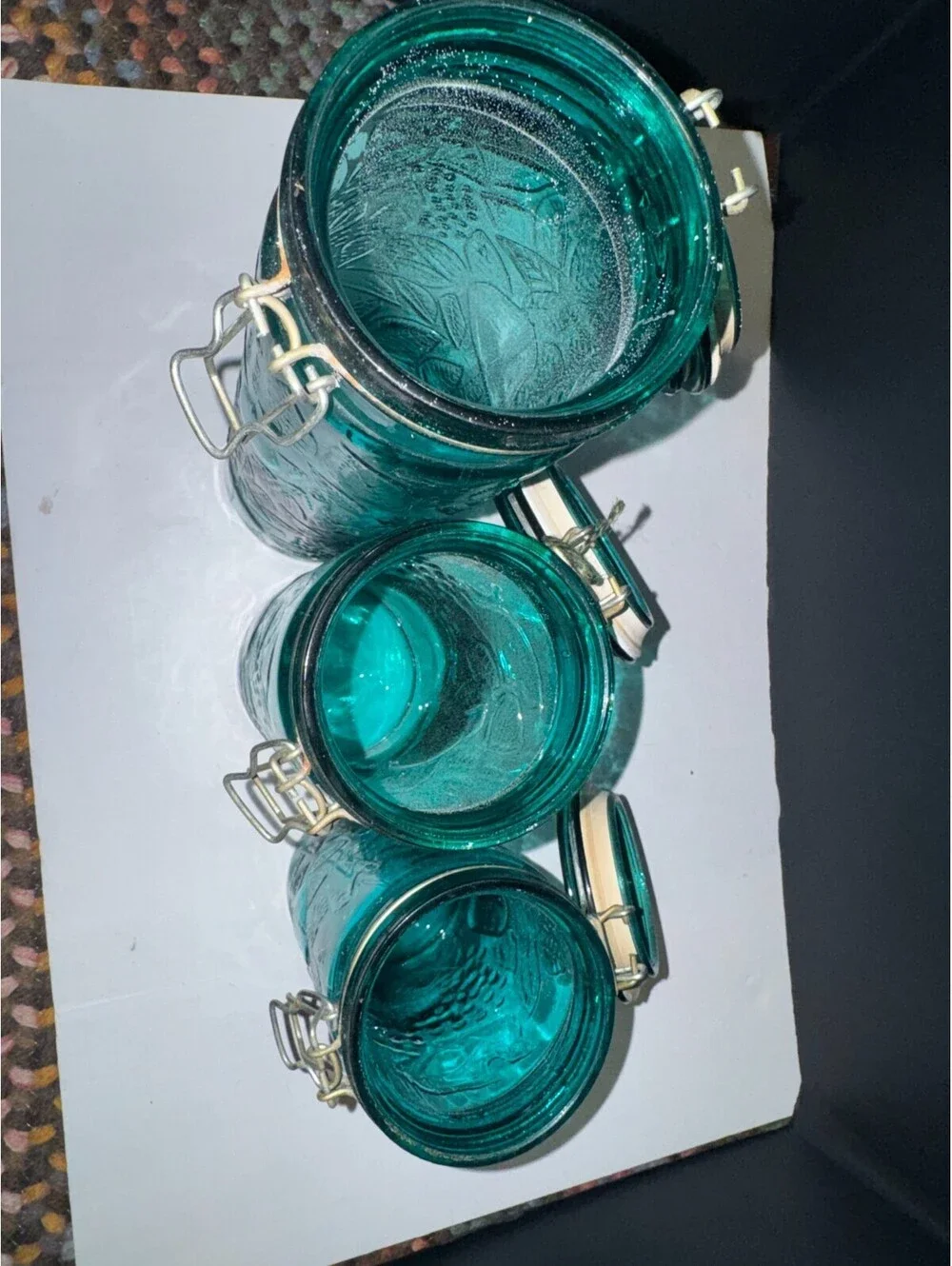 Vtg Mcm Emerald Green Fruit, Grape Design Glass Canister Set Wire Bail Lids 3pc